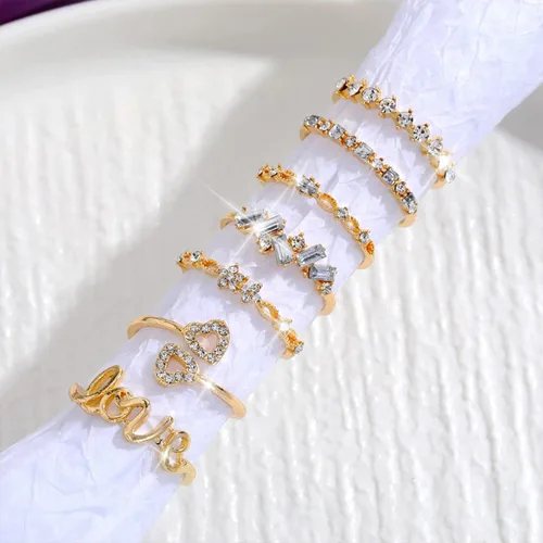 Vista 7 de Anillos apilables de oro para mujeres, adolescentes, niñas, regalos de moda, juego de anillos de nudillos simples de estrella, luna, corazón, boho