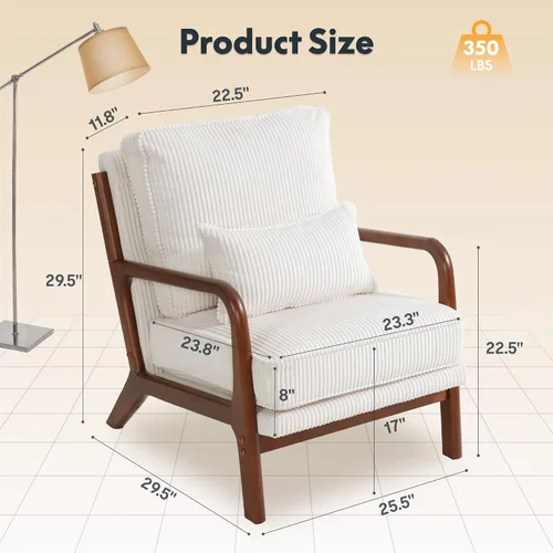 Vista 2 de FLEXISPOT AC1 - Silla decorativa, sillón moderno de mediados de siglo con marco de madera, cómoda silla de lectura tapizada de pana con almohada