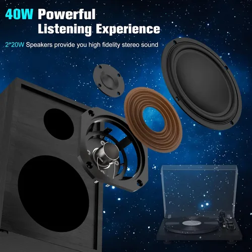 Vista 2 de Udreamer Tocadiscos de vinilo, giradiscos con altavoces de 40W, entrada y salida Bluetooth y grabación USB, tocadiscos LP vintage con cartucho