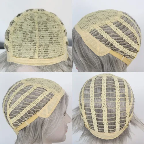 Vista 6 de Anogol Juego de 4 gorras de pelo para hombre viejo, para 100 días de escuela, disfraz de abuelo, peluca corta gris para Halloween, cosplay, fiesta