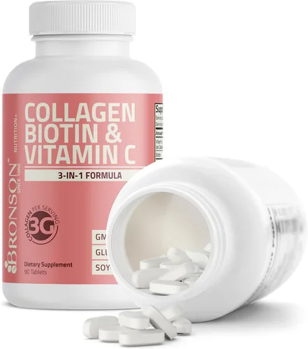 Vista 6 de Bronson Péptidos de colágeno 3000mg (por porción) con biotina y vitamina C - para el apoyo del cabello, la piel y las uñas, sin OGM, 90 tabletas