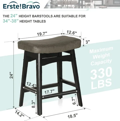 Vista 2 de Taburete de bar gris de madera maciza para encimera de cocina, taburete de bar con asiento de cuero sintético, taburete tapizado para isla de 34 a