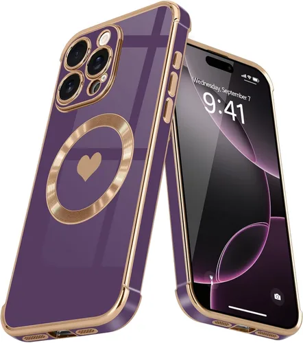 Vista 34 de Funda magnética para iPhone 13, para mujeres y niñas, chapado de lujo, lindo corazón de amor, cubierta trasera suave, protección completa de lente