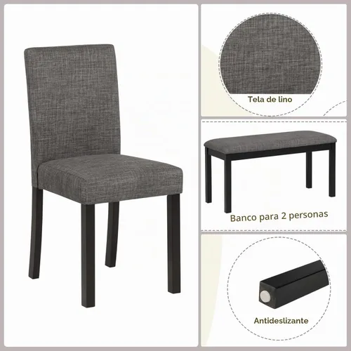 Vista 4 de Juego de mesa de comedor Trygoal para 5, juego moderno de 6 piezas para comedor con mesa rectangular, 4 sillas tapizadas con respaldo y un banco