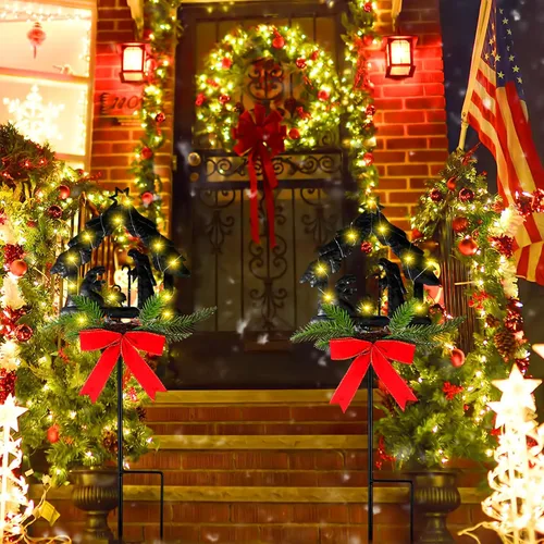 Vista 7 de Baquler 2 luces solares iluminadas de Navidad con estaca de belén, estaca de metal, impermeable, luz sagrada, decoración al aire libre con flor