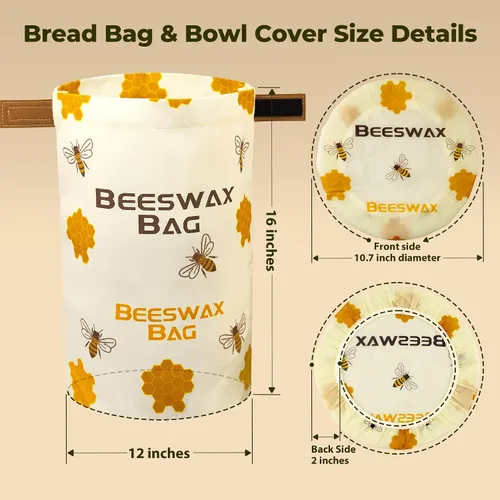 Vista 3 de Bolsas de pan de cera de abejas OHIYO para pan casero y cubierta elástica reutilizable para tazón de fermentación, cubierta elástica para masa