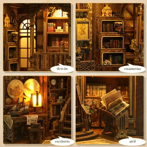Vista 6 de Kit de rincón de libros – (edición clásica) – Rompecabezas de madera en miniatura de bricolaje Sala de colección de libros vintage con luces LED