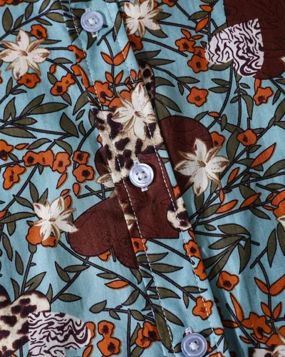 Vista 4 de TUNEVUSE Camisa de vestir floral de manga larga para hombre con estampado de flores y botones de algodón