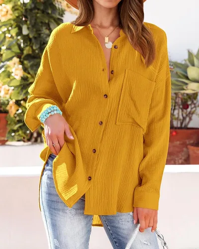 Vista 4 de NOLLSOM Camisas casuales para mujer, blusas de manga larga con botones, color liso, con bolsillo