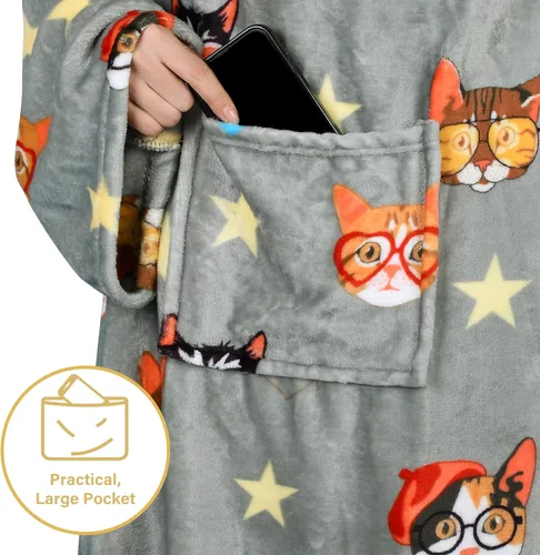 Vista 5 de Catalonia Manta con estampado de gato y perro para llevar puesta, acogedora y suave con mangas, manta larga de forro de vellón cálida y cómoda