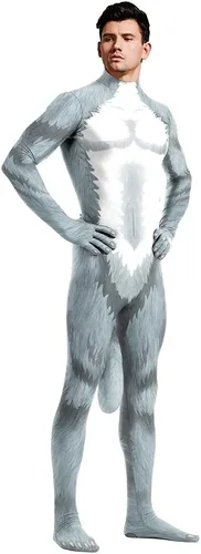 Vista 2 de Traje completo de animal para hombre, mono de spandex musculoso, disfraz peludo con cola grande para cosplay de adultos, fiesta de Halloween