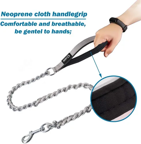 Vista 2 de TSPRO Correa de perro a prueba de mordeduras de acero inoxidable para perro, cadena de metal, correa de entrenamiento para perros con mango suave
