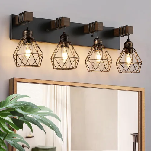 Vista 22 de Lámpara de tocador estilo casa de campo para baño, luminarias de tocador de baño de 2 luces negra dorada de madera sobre espejo, apliques rústicos