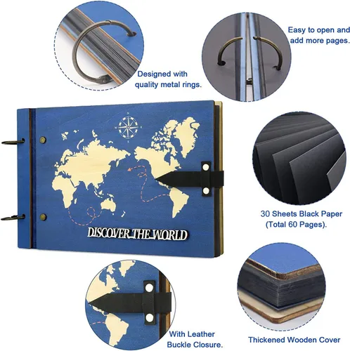 Vista 5 de ZEEYUAN Regalo del Día del Padre de Esposa/Hija/Hijo Álbum de Libro de Recortes de Madera Mapa del Mundo Diario de Viaje Libro de Recortes Nuestro
