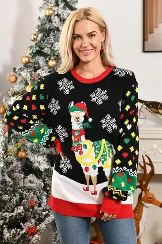 Vista 2 de RAISEVERN Suéter feo de Navidad para mujer, suéter de punto de manga larga, cuello redondo