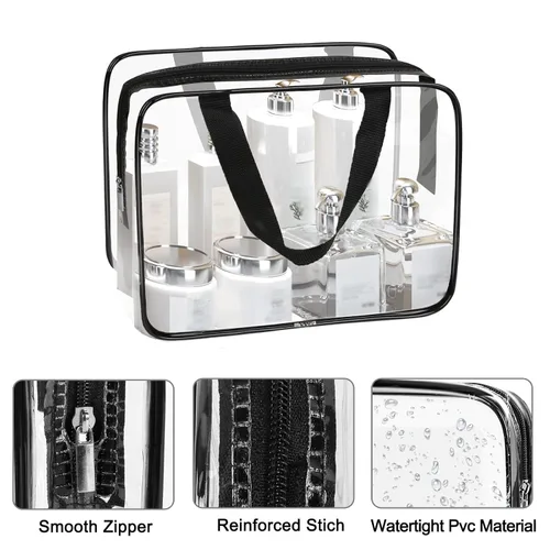 Vista 3 de APREUTY Bolsas de maquillaje transparentes, aprobadas por la TSA, juego de 3 bolsas de maquillaje grandes de PVC transparente con asa de cremallera