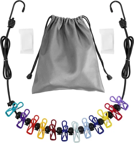 Vista 9 de Tendedero portátil retráctil para viajes, 2 paquetes de tendedero portátil con 8 pinzas para la ropa, 2 paquetes de toallas comprimidas desechables