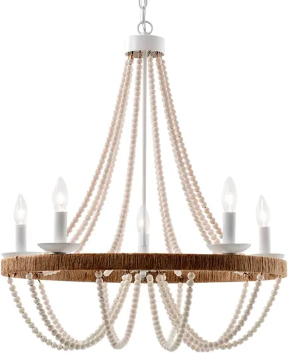 Vista 10 de candelabro rústico de 4 luces con cuentas de madera y borlas estilo Bohemia, luz colgante rústica antigua para dormitorio, isla de cocina, comedor