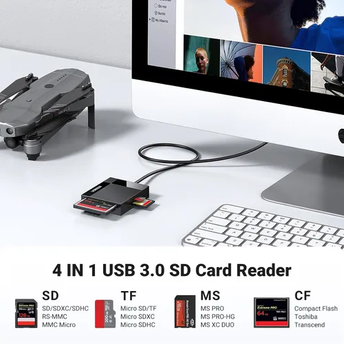 Vista 3 de UGREEN SD lector de tarjetas USB 3.0; adaptador Hub 5Gbps; lee 4 tarjetas simultáneamente; CF, CFI, TF, SDXC, SDHC, SD, MMC, Micro SDXC, Micro SD