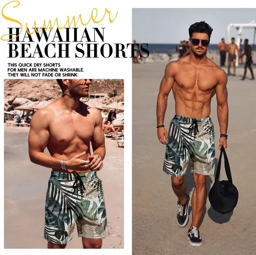 Vista 3 de Traje de baño para hombre estilo hawaiano, con forro de malla, tipo short para playa, con bolsillos