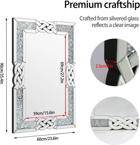 Vista 5 de Espejo de diamante triturado plateado: decoración rectangular de pared 35.4 x 23.6 pulgadas Espejo decorativo de lujo con espejo de cristal