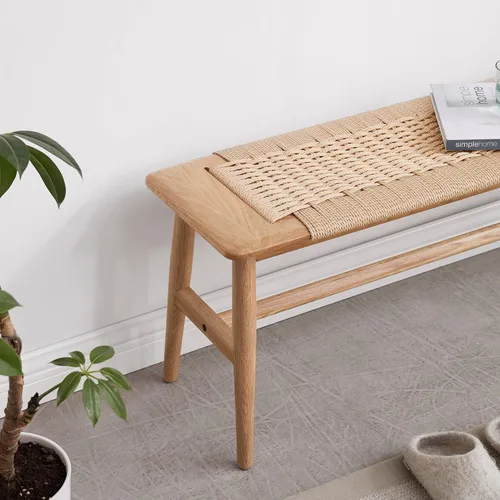 Vista 5 de Banco 100% de madera de roble macizo, diseño tejido a mano, construcción sólida de mortaja y espiga, estructura sólida de patas de silla, bancos