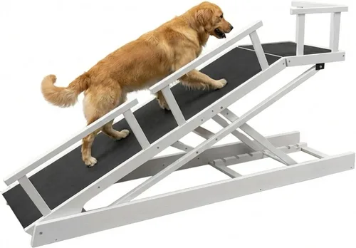 Vista 9 de Rampa plegable para perros de 65 pulgadas para cama, altura ajustable de 6 niveles (13-32.1 pulgadas) con plataforma de descanso, superficie