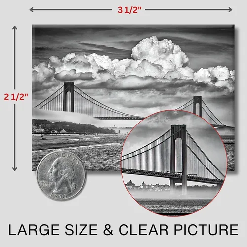 Vista 3 de Imán Verrazzano Bridge NYC – Recuerdo de metal blanco y negro de 3.5 x 2.5 pulgadas con foto Cloudscape de alta resolución – Colección ArtMalore New