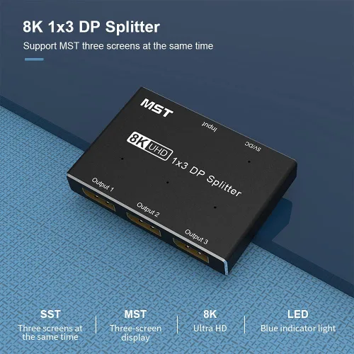 Vista 3 de Divisor DisplayPort 8k 1 en 3 Salida 8K @30Hz 4K @120Hz DP 1.4 Splitter Triple MST SST Hub Adaptador 1x3 Puerto para 1 DisplayPort Ultra HD Fuente a