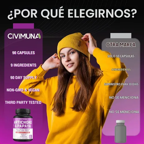 Vista 6 de Cápsulas de alcachofa con alcachofa, papaya, pectina de manzana y más - 90 cápsulas para 3 meses de suministro