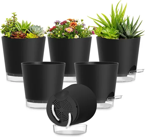 Vista 8 de Macetas de riego automático de 4 pulgadas, paquete de 6 macetas de plástico con agujeros de drenaje y platillos transparentes, macetas de plástico