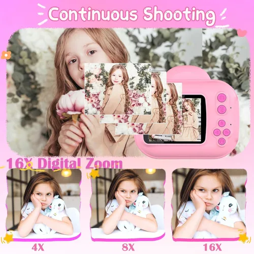Vista 4 de Cámara para niños con impresión instantánea para niños, cámaras para niños pequeños, cámaras de video digitales HD 1080P, juguete de cámara Rosa