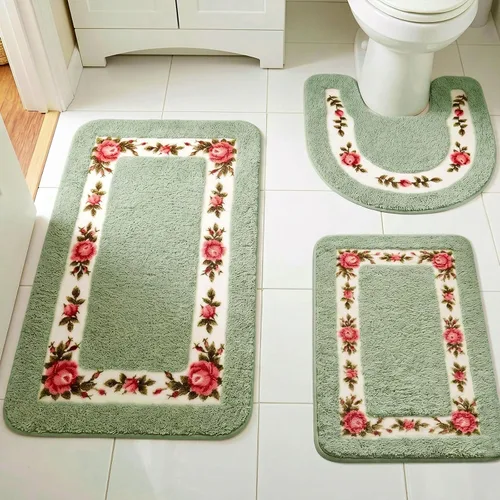 Vista 11 de Drydiet Juego de 3 alfombras de baño con rosas y flores coquetas, decoración floral para baño, dormitorio, sala de estar, tapete de baño floral Azul