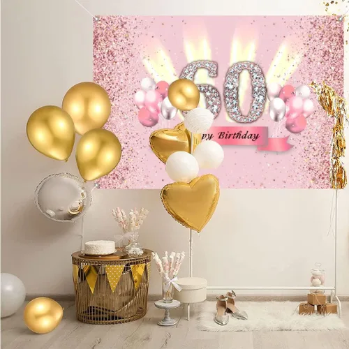 Vista 2 de Decoraciones de cumpleaños número 60 para mujer, cartel de fondo de feliz cumpleaños, cartel de tela para fiesta de aniversario de 60 años, póster