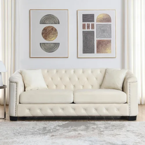 Vista 10 de Juego de sofá de terciopelo Chesterfield de lujo de 2 piezas para sala de estar, muebles de decoración moderna, sofá seccional, sofá de 3 plazas