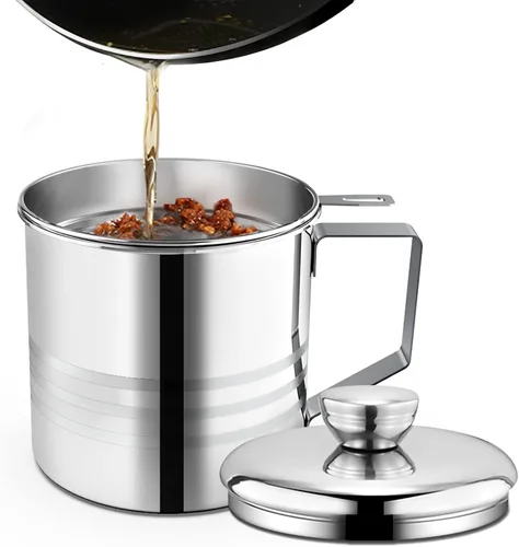 Vista 9 de Chihee Ahorro de grasa de tocino de acero inoxidable – Contenedor de aceite de 67.6 onzas líquidas con colador de malla fina y bandeja
