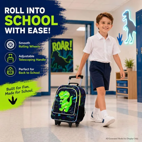 Vista 2 de WZLVO 4 mochilas con ruedas de dinosaurio para niños, juego escolar con ruedas geniales con lonchera, mochila escolar resistente al agua con ruedas