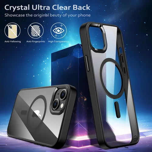 Vista 4 de Funda magnética para iPhone 13, compatible con MagSafe, protección de grado militar, parte trasera dura transparente y marco de TPU suave, funda