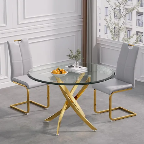 Vista 9 de Juego de mesa de comedor de cristal de lujo de 36 pulgadas para 2, mesa de comedor redonda moderna de 3 piezas con 2 sillas de comedor de cuero
