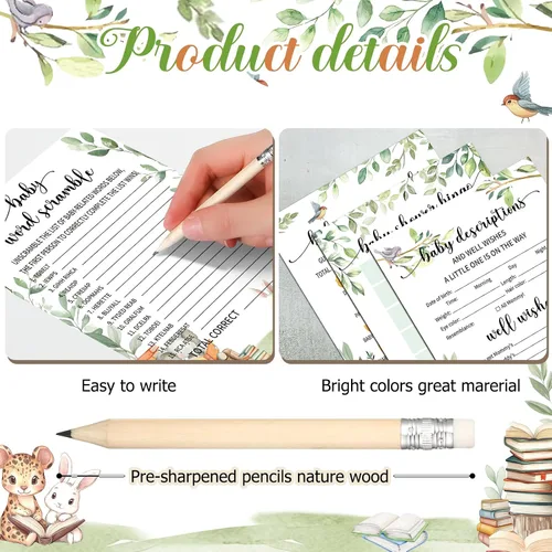 Vista 3 de Yinder 145 tarjetas de actividades para juegos de baby shower con 20 lápices, incluye descripción de bingo para bebés y deseos, adivina quién es