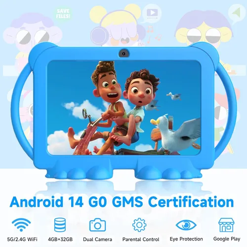 Vista 2 de Tablet Android 14 para niños, tablet de 7 pulgadas para niños, tablet para niños de 4 GB RAM 32 GB ROM con estuche, procesador Quad-core, pantalla