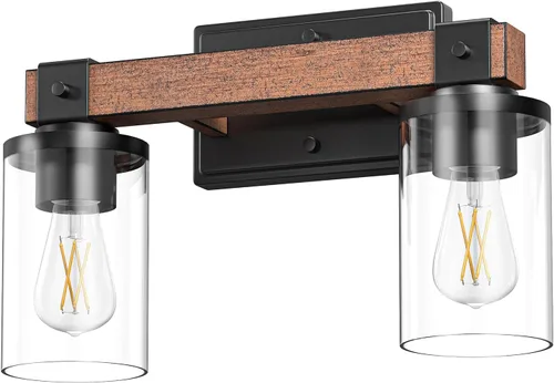 Vista 8 de EDISHINE - Apliques de pared de madera pintada de 2 luces, lámpara de tocador de granja Clear Glass Shade, Up & Down Mounting Optional, E26 Base