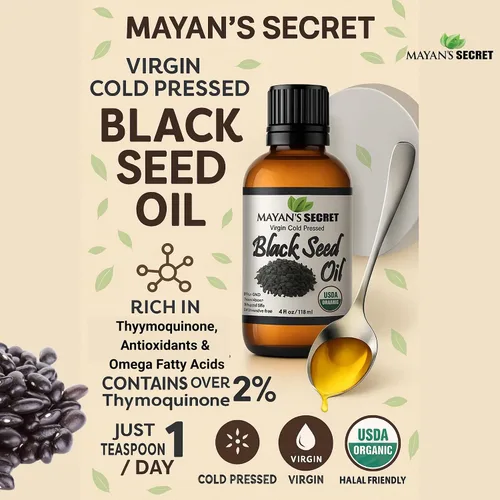 Vista 2 de Mayan's Secret - Aceite de semilla de comino negro prensado en frío de 4 onzas orgánico certificado por USDA -Nigella Sativa prensado en frío
