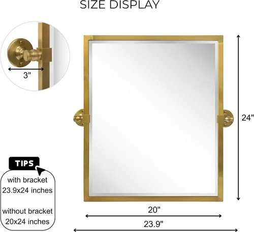 Vista 8 de Espejo rectangular de baño con marco de metal dorado cepillado, espejos de tocador biselados inclinables para pared, total 23.9 x 24 pulgadas