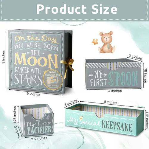 Vista 8 de Votum Caja de Recuerdos para Bebé para Memorias Preciadas, Luna y Estrellas - Ligera, Cajas para Bebé Hechas a Mano con 9 Compartimentos Etiquetados