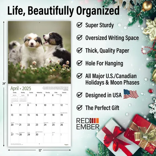Vista 3 de RED EMBER Calendario de pared 2025 con diseño de cachorros de 12 meses, 12 x 24 pulgadas, abierto, papel grueso y resistente, para regalo