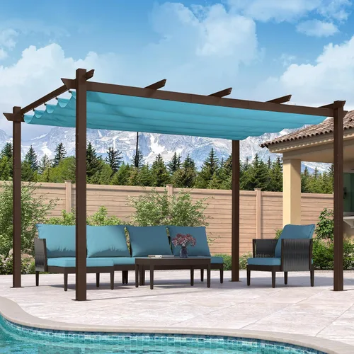 Vista 50 de PURPLE LEAF Pérgola de 10 x 12 pies con toldo retráctil, pérgola cuadrada de bronce de aluminio para patio al aire libre, junto a la piscina, beige