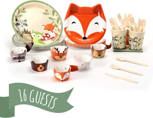Vista 8 de Pop Fizz Designs Woodland Creatures Party Pack Platos, servilletas, vasos, cubiertos y envoltorios de cupcakes