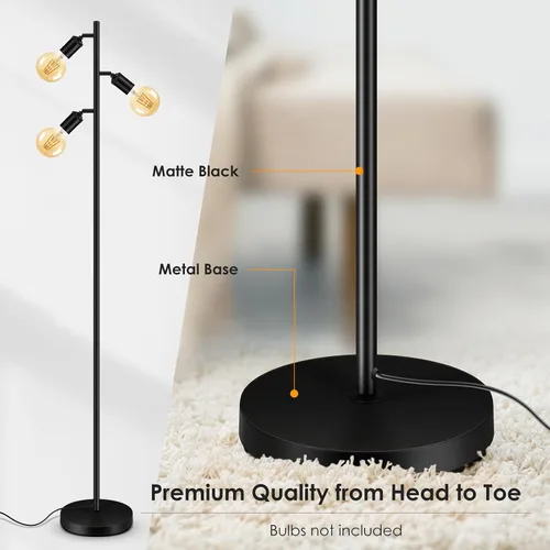 Vista 4 de BoostArea Lámpara de Pie, Lámpara de Pie Industrial, Lámpara de Pie Moderna Tipo Árbol con 3 Luces Ajustables, Casquillo E26, Interruptor de Pie