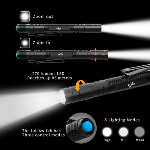 Vista 2 de LED Pen Light, linterna de pluma zoomable 270 lúmenes con 2* AAA Pocket Size Clip Pen Flashlight Small Mini Handheld Slim Flash Light for Nurse